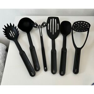 Pampered Chef 6 Piece Black Nylon Kitchen Utensil Set Ladle Whisk Masher Turner